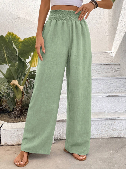 Wide Shirred Waist Straight Leg Trousers