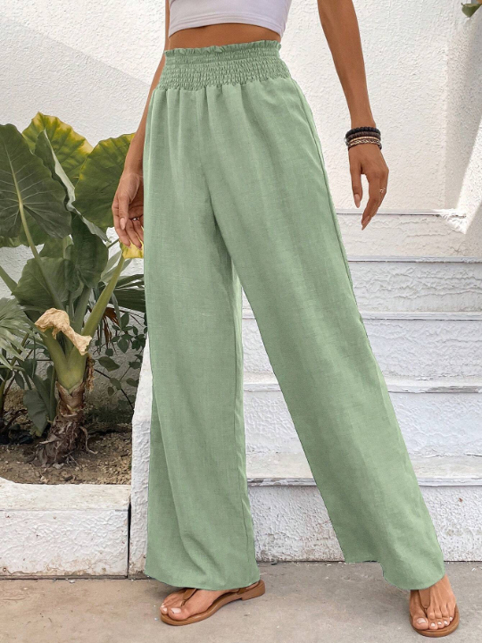 Wide Shirred Waist Straight Leg Trousers