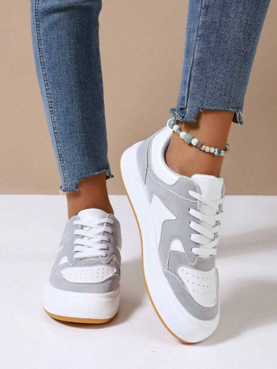 Women's Casual Sport Shoes, Thick Platform Fashion Sneakers, Low-Cut Lace-Up White Shoes, Suitable For Any Season