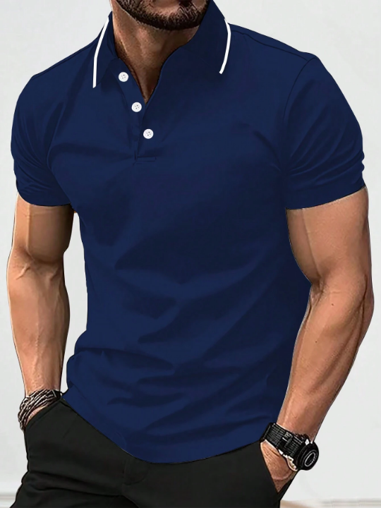 Manfinity Mode Men's Contrast Button Half Placket Short-Sleeved Polo Shirt