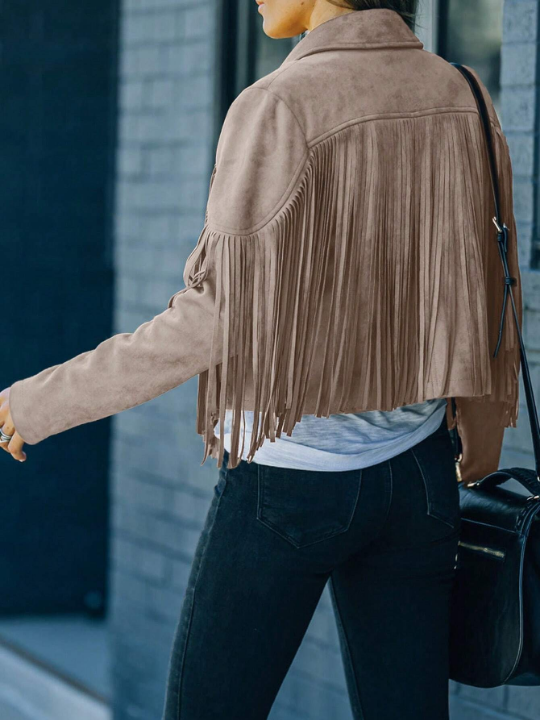 Astylish Beige Long Sleeve Fringe Open Front Faux Suede Moto Jacket