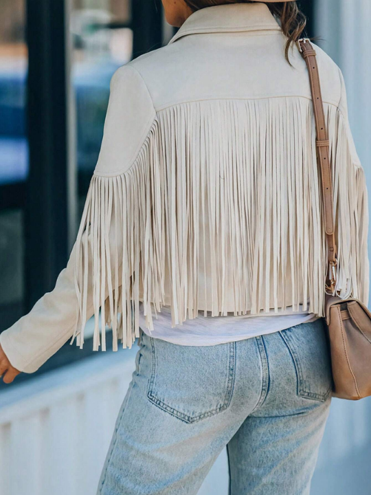 Astylish White Long Sleeve Fringe Open Front Faux Suede Moto Jacket