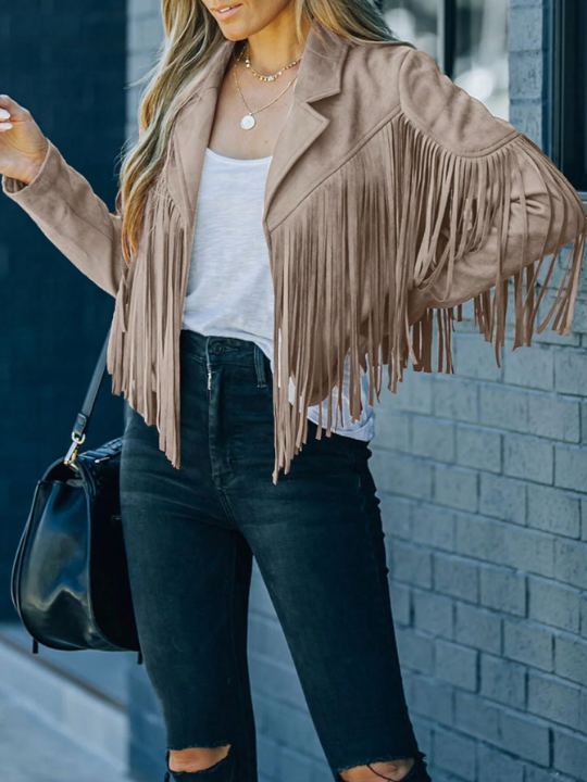 Astylish Beige Long Sleeve Fringe Open Front Faux Suede Moto Jacket