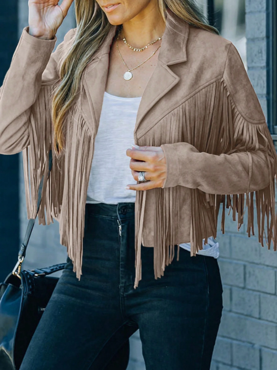 Astylish Beige Long Sleeve Fringe Open Front Faux Suede Moto Jacket