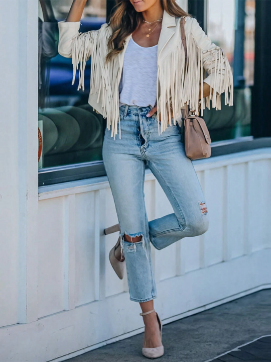 Astylish White Long Sleeve Fringe Open Front Faux Suede Moto Jacket