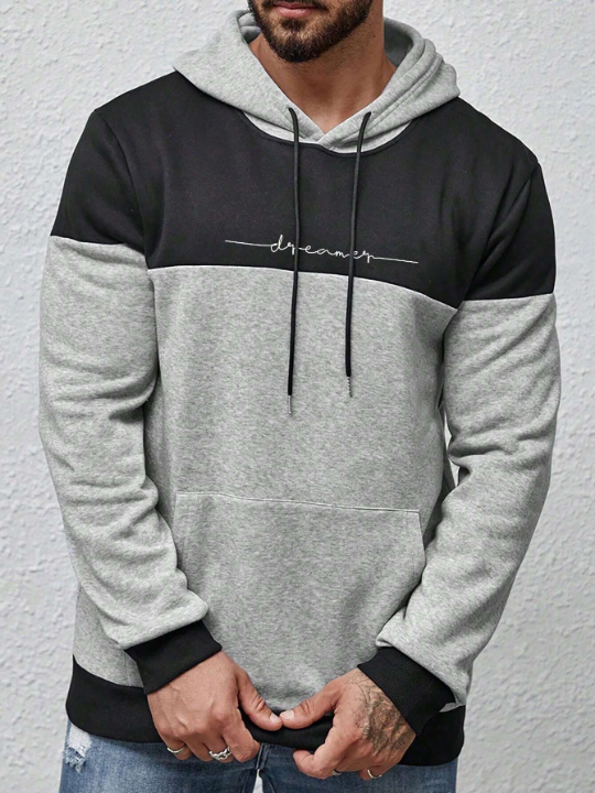 Manfinity Homme Men's Casual Hooded Sweatshirt With Letter Print And Contrast Color Long Sleeves