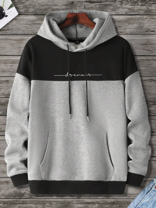 Manfinity Homme Men's Casual Hooded Sweatshirt With Letter Print And Contrast Color Long Sleeves