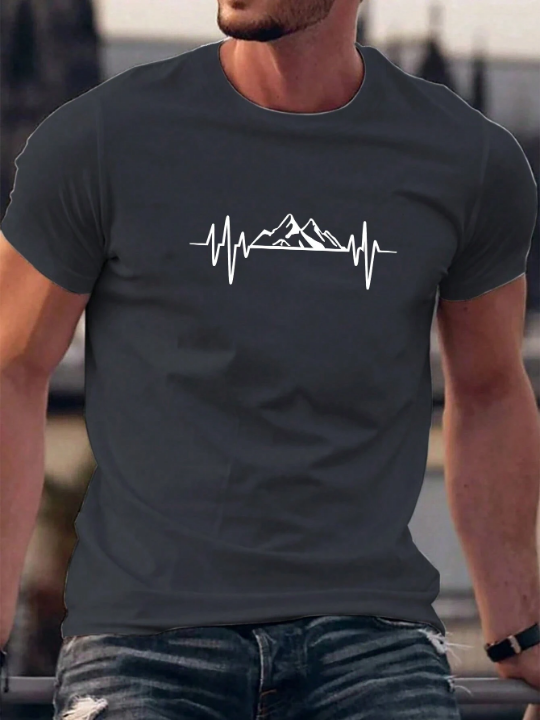 Men's Mountain Range And Electrocardiogram Printed Short Sleeve T-Shirt
