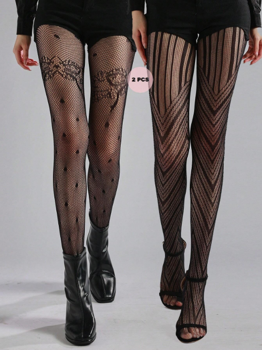 2pairs/Pack Women's Jacquard Fishnet Tights Black