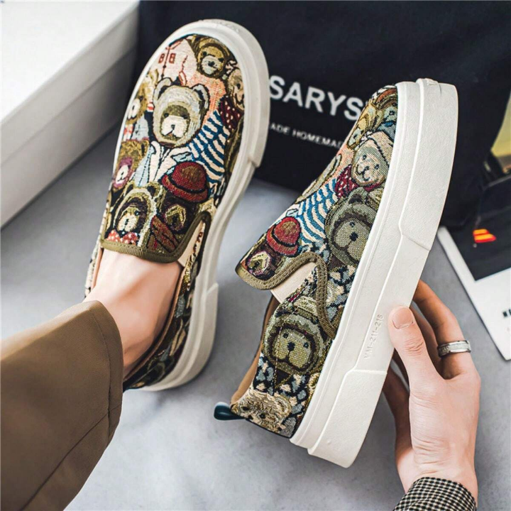 Spring/Summer New Casual Shoes INS Bear Thick-Soled Platform Loafers Cloth Shoes Trendy Men's Shoes