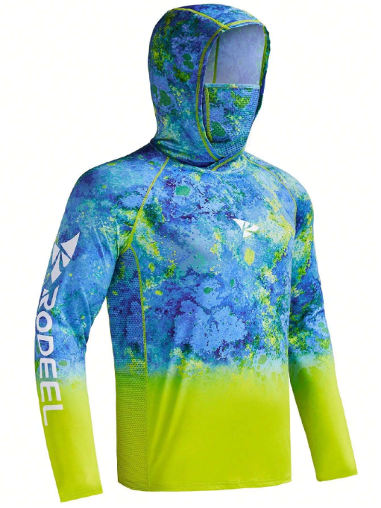 RODEEL Men's Hoodie Sun Protection Shirt Gradient Print Sweatshirt Hooded Sports T-Shirt With Face Mask Gym Clothes Men