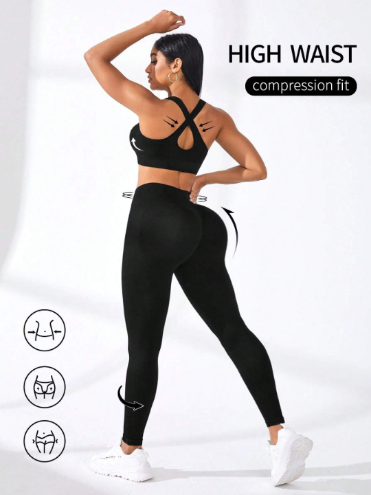 Yoga Basic Yoga Solid Color Round-Neck Vest And Leggings Workout Set With Ribbed Design