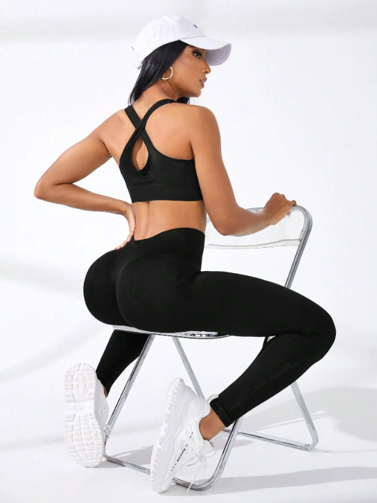 Yoga Basic Yoga Solid Color Round-Neck Vest And Leggings Workout Set With Ribbed Design