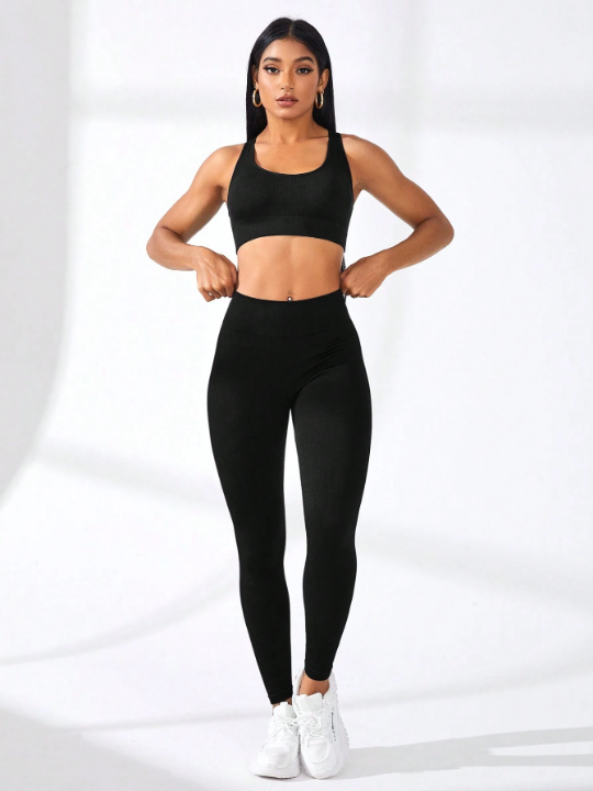 Yoga Basic Yoga Solid Color Round-Neck Vest And Leggings Workout Set With Ribbed Design