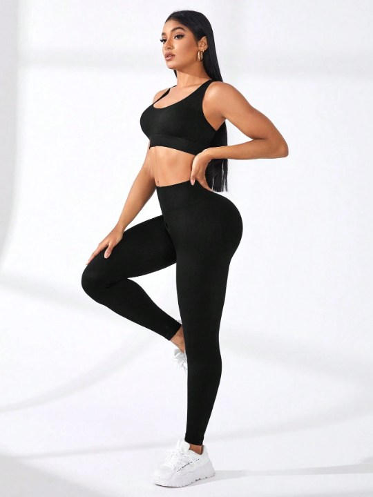 Yoga Basic Yoga Solid Color Round-Neck Vest And Leggings Workout Set With Ribbed Design