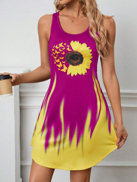 LUNE Summer Sunflower & Butterfly Printed Sleeveless Casual Dress