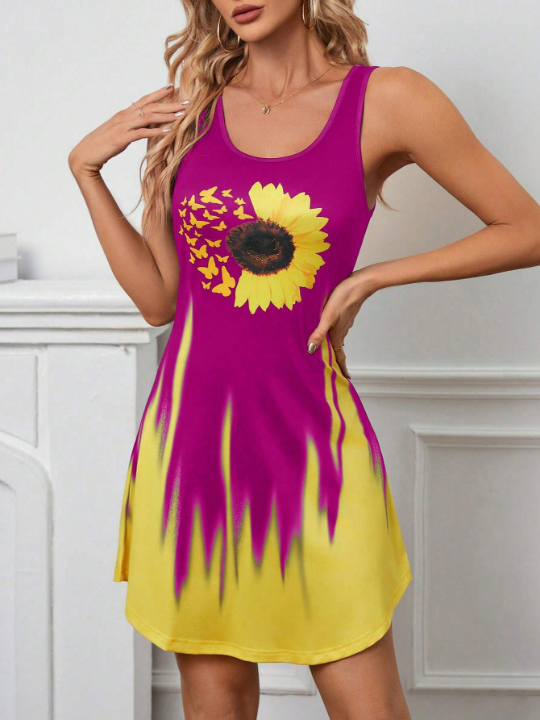 LUNE Summer Sunflower & Butterfly Printed Sleeveless Casual Dress