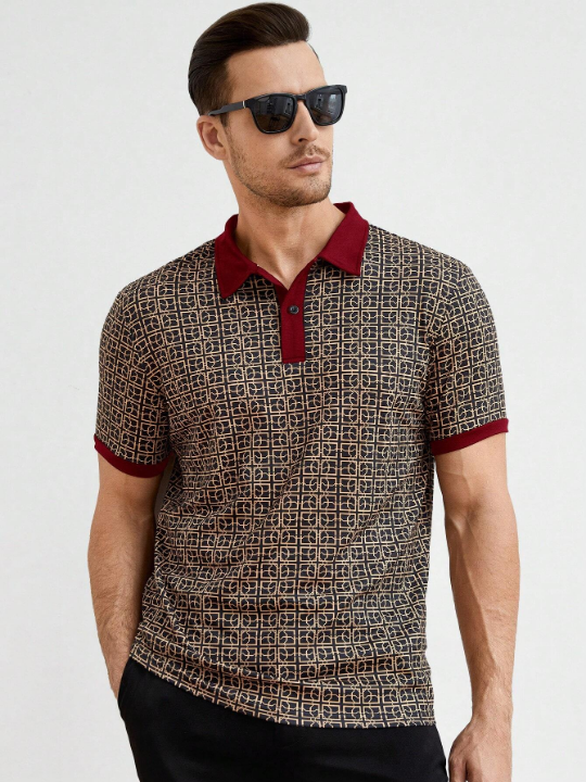 Manfinity Homme Men's Button-Down Half Placket All-Over Printed Knitted Short Sleeve Polo Shirt For Summer Casual Wear