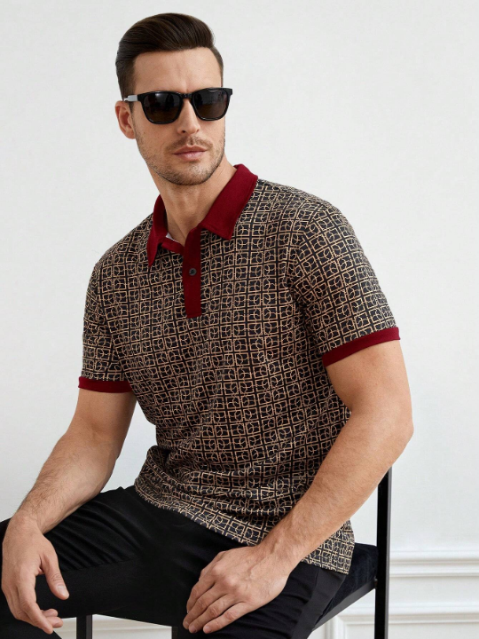 Manfinity Homme Men's Button-Down Half Placket All-Over Printed Knitted Short Sleeve Polo Shirt For Summer Casual Wear