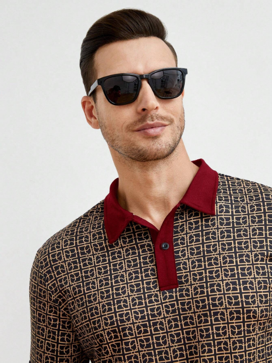 Manfinity Homme Men's Button-Down Half Placket All-Over Printed Knitted Short Sleeve Polo Shirt For Summer Casual Wear