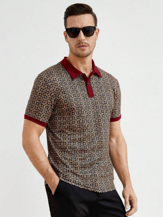 Manfinity Homme Men's Button-Down Half Placket All-Over Printed Knitted Short Sleeve Polo Shirt For Summer Casual Wear