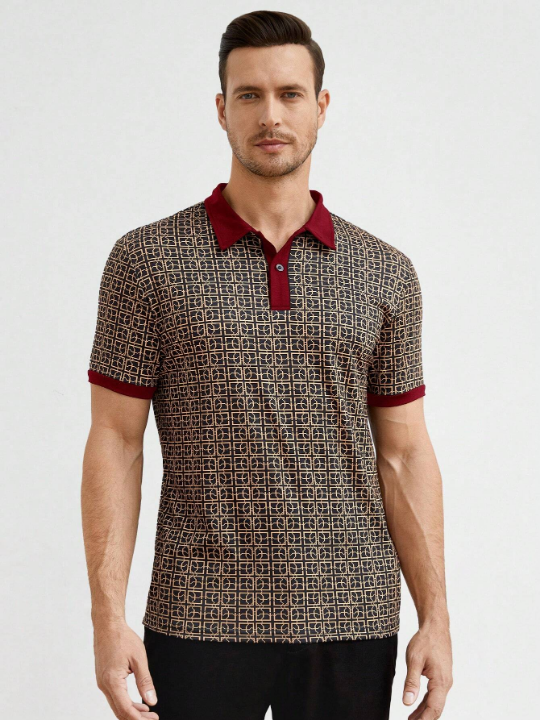 Manfinity Homme Men's Button-Down Half Placket All-Over Printed Knitted Short Sleeve Polo Shirt For Summer Casual Wear