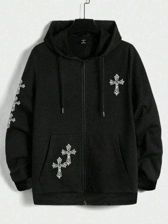 Manfinity EMRG Men Cross Print Zip Up Drawstring Loose Hoodie