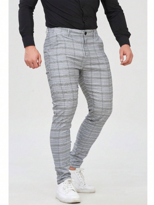 Mens Chinos Plaid Pants Slim Fit Stretch Dress Pant Wrinkle-Resistant Pleated Formal Pants