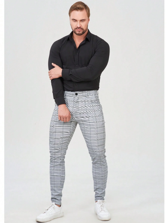 Mens Chinos Plaid Pants Slim Fit Stretch Dress Pant Wrinkle-Resistant Pleated Formal Pants