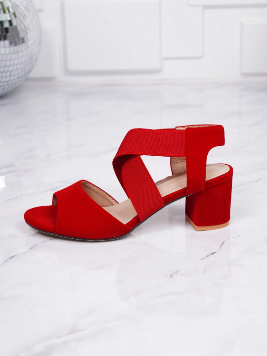 Women's Peep Toe Hollow Out Chunky Heel Sandals With Elastic Band, Simple Red Faux Suede High Heeled Sandals