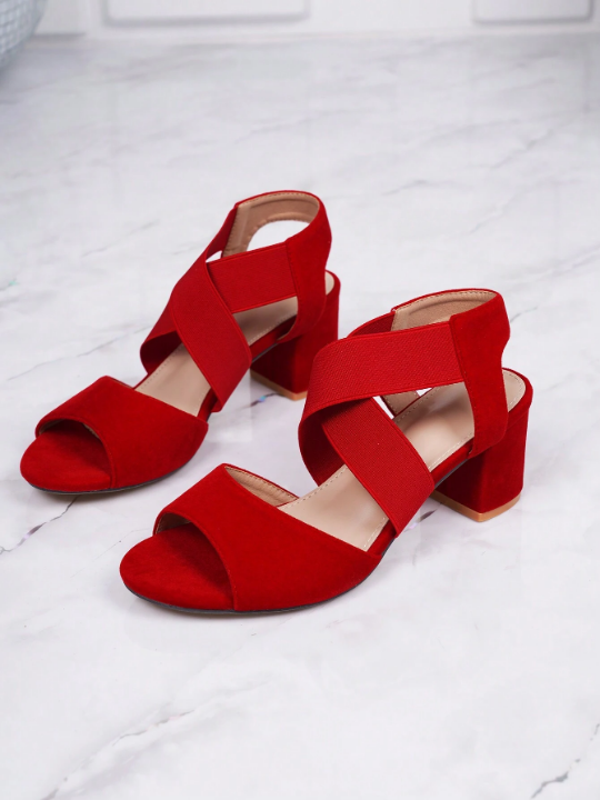 Women's Peep Toe Hollow Out Chunky Heel Sandals With Elastic Band, Simple Red Faux Suede High Heeled Sandals