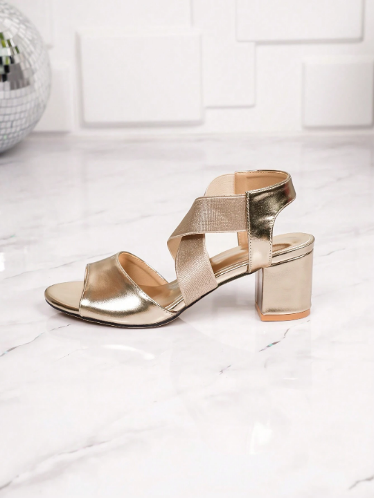 Women's Peep Toe Hollow Out Slip-On Chunky Heel Sandals With Elastic Strap And Metallic Pu Leather For Party