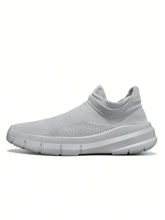 Men Breathable Mesh Slip-On Sport Shoes, Solid Color, Simple And Casual, Lightweight, Flat Sole, For Running, Spring And Autumn, Light Gray