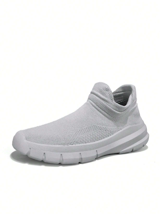 Men Breathable Mesh Slip-On Sport Shoes, Solid Color, Simple And Casual, Lightweight, Flat Sole, For Running, Spring And Autumn, Light Gray