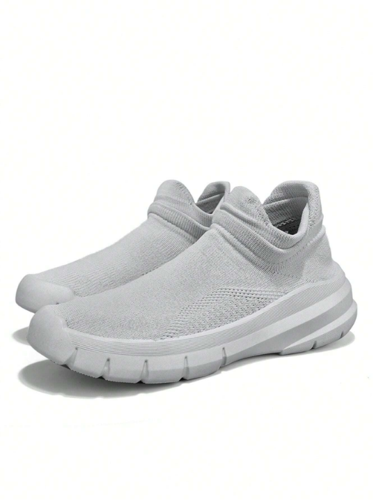 Men Breathable Mesh Slip-On Sport Shoes, Solid Color, Simple And Casual, Lightweight, Flat Sole, For Running, Spring And Autumn, Light Gray