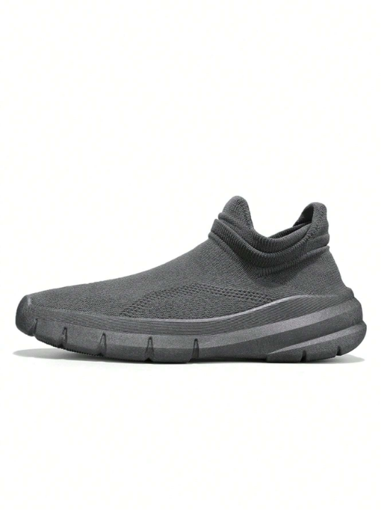 Men Solid Color Breathable Mesh Slip-On Sport Shoes, Casual And Simple Design For Spring And Autumn, Lightweight Flat Running Shoes, Dark Gray