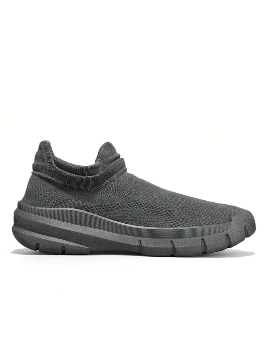 Men Solid Color Breathable Mesh Slip-On Sport Shoes, Casual And Simple Design For Spring And Autumn, Lightweight Flat Running Shoes, Dark Gray