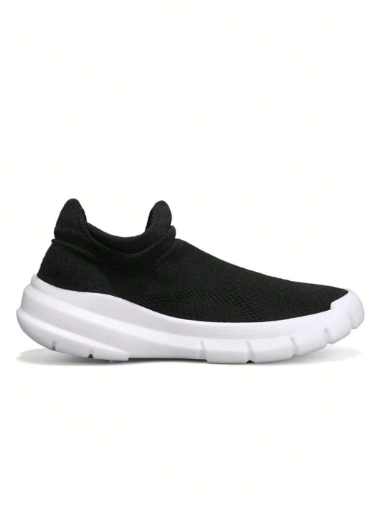 Men Solid Color Breathable Mesh Slip-On Sports Shoes, Casual And Simple Spring And Autumn Lightweight Flat Running Shoes, Black With White Soles