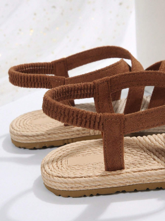 Ladies' Anti-Slip Jute Sole Round Toe Lightweight Sandals, Simple Style For Daily Wear In Summer