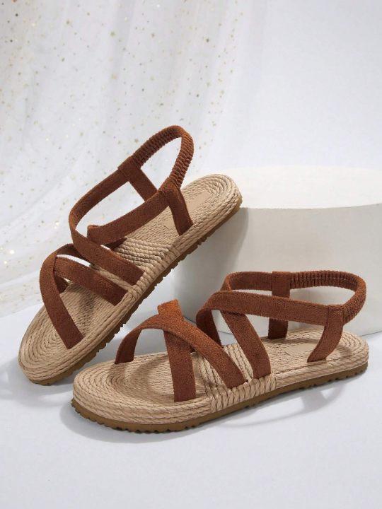 Ladies' Anti-Slip Jute Sole Round Toe Lightweight Sandals, Simple Style For Daily Wear In Summer