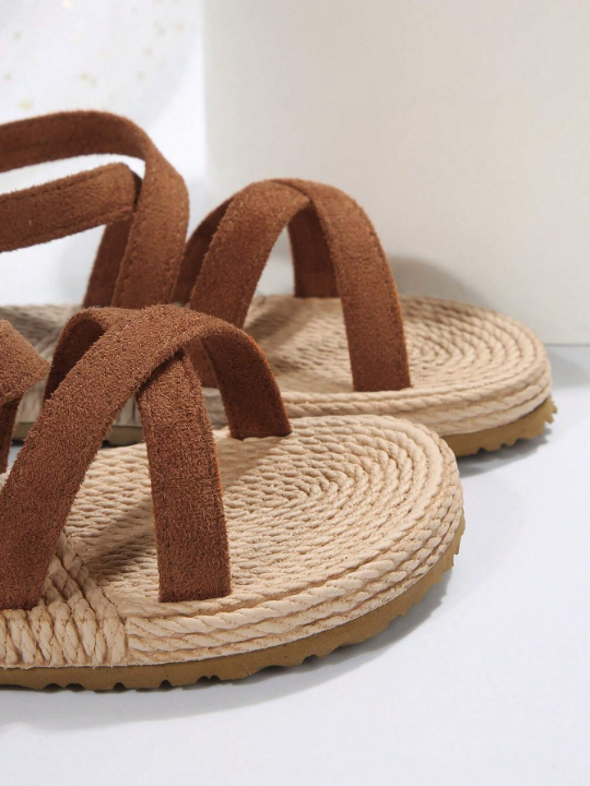 Ladies' Anti-Slip Jute Sole Round Toe Lightweight Sandals, Simple Style For Daily Wear In Summer