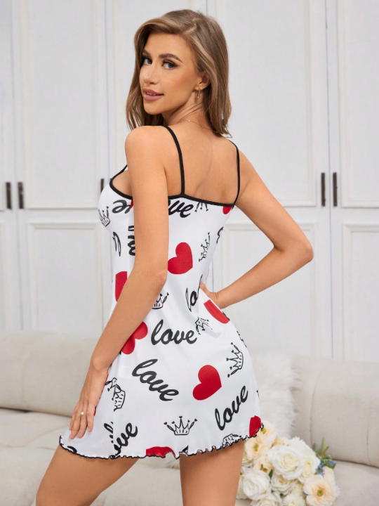 Women's Fashionable Love Heart Printed Spaghetti Strap Sleep Dress For Summer