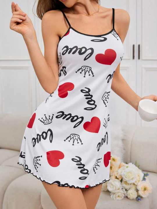 Women's Fashionable Love Heart Printed Spaghetti Strap Sleep Dress For Summer