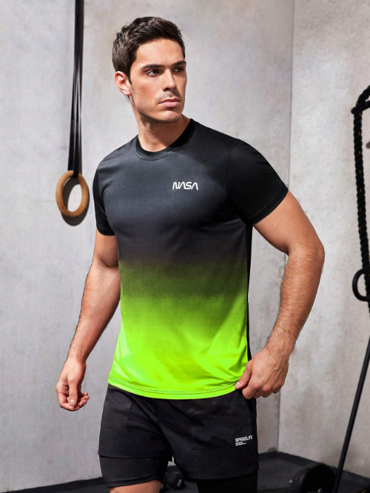 Fitness Men's Fashionable Black To Green Ombre Sports T-Shirt For Summer