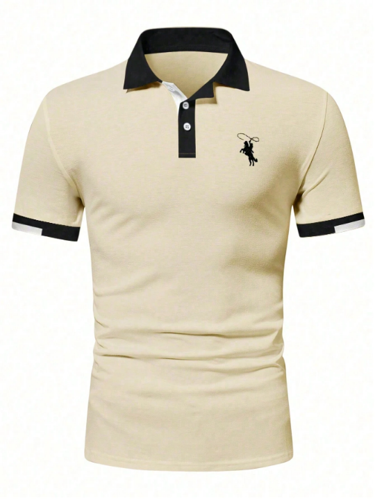 Manfinity Mode Men's Horse Pattern Short Sleeve Casual Polo Shirt With Contrast Trim For Summer