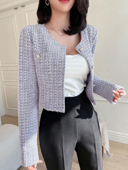 DAZY Plaid Round Neck Short Length Cardigan Jacket With Long Sleeves