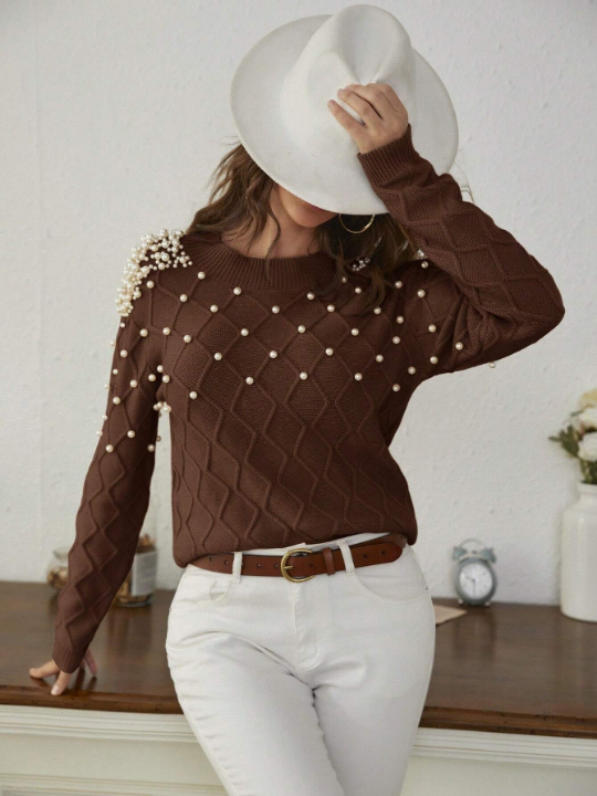 Mulvari Solid Color Sweater With Faux Pearls Decoration