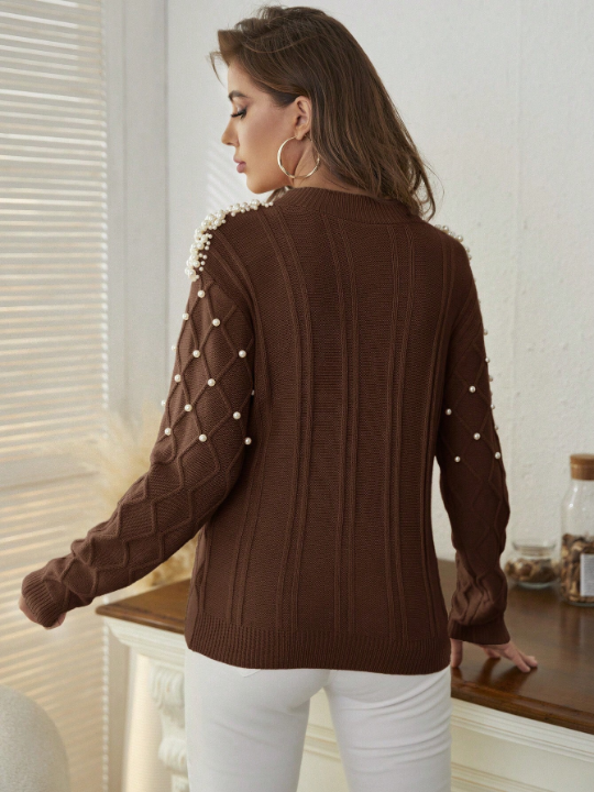 Mulvari Solid Color Sweater With Faux Pearls Decoration