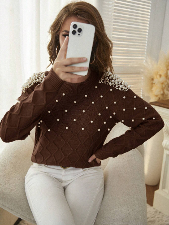 Mulvari Solid Color Sweater With Faux Pearls Decoration