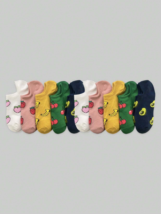 ROMWE Kawaii 10pairs/Set Women's Cartoon Fruit Patterned Colorful No Show Boat Socks For Summer Travel And Casual Occasions